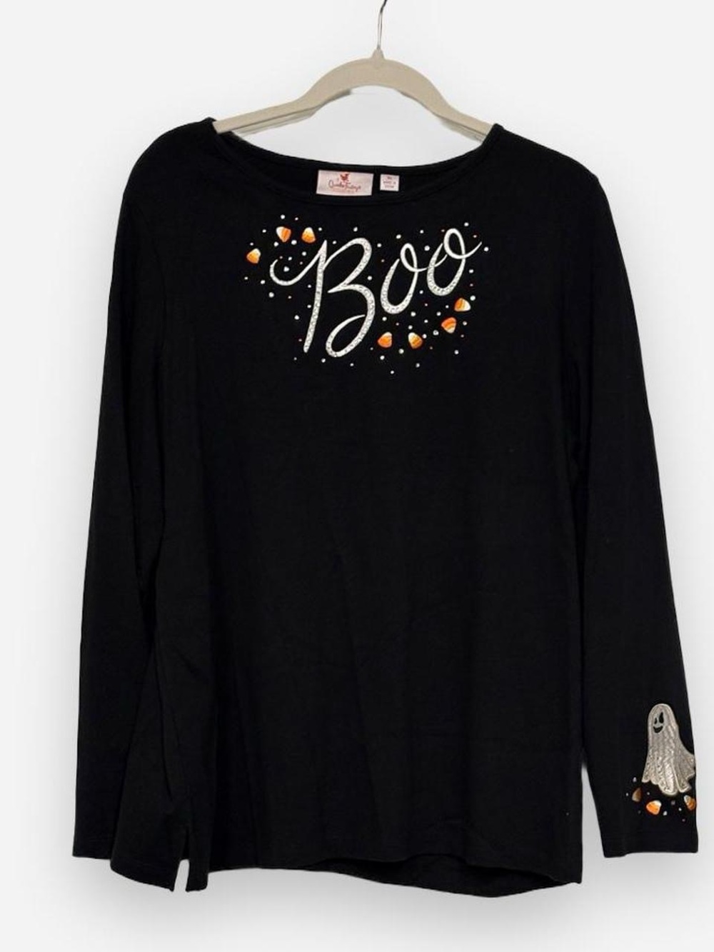 Quacker Factory Halloween "Boo" Rhinestone Long Sleeve Shirt - Women's XL